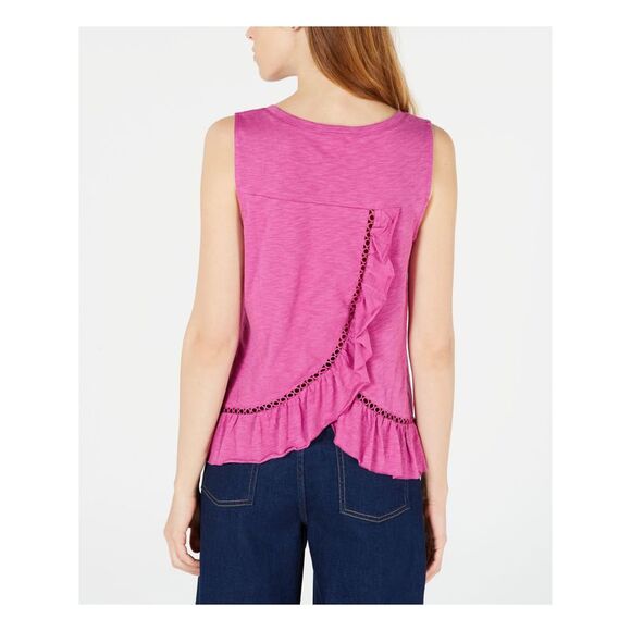 MAISON JULES Womens Pink Ruffled Crossover Back Sleeveless Jewel Neck Top L - Picture 2 of 4
